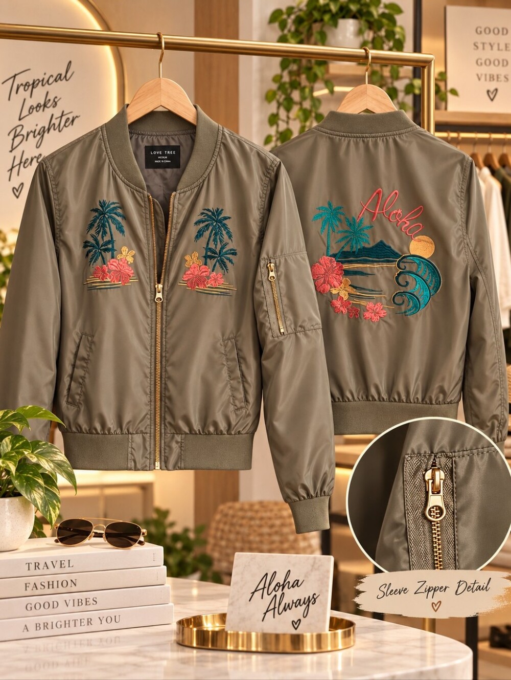 Love Tree Olive Green Aloha Embroidered Bomber Jacket Medium